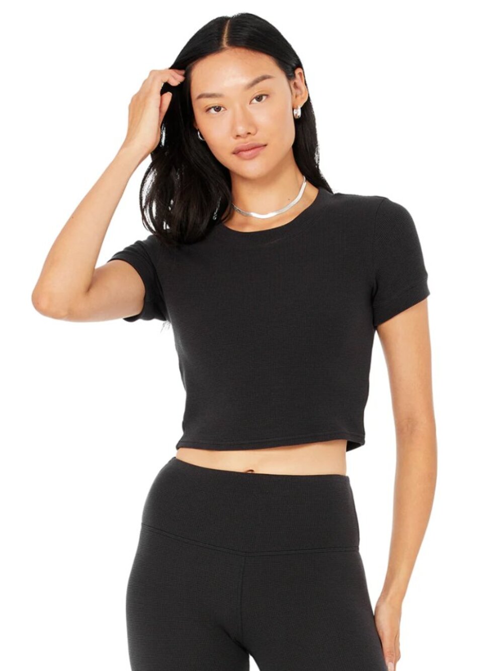 Alo Yoga Micro Waffle Sierra Short Sleeve Top Cropped Tee Black XS